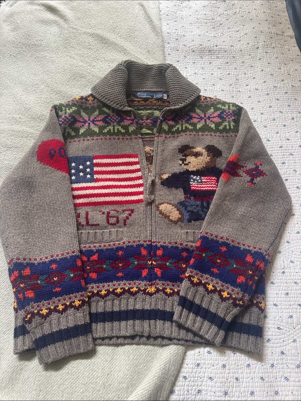 Ralph Lauren Polo Bear Wool Zip Cardigan Fair Isle Small - Picture 3 of 9